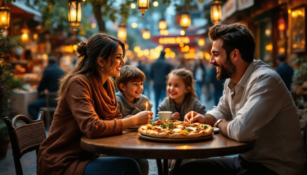 A family enjoying a cozy dining experience at a Turkish restaurant.