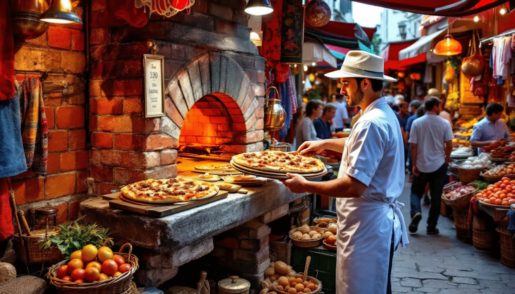 A wood-fired oven baking delicious Turkish pizza.