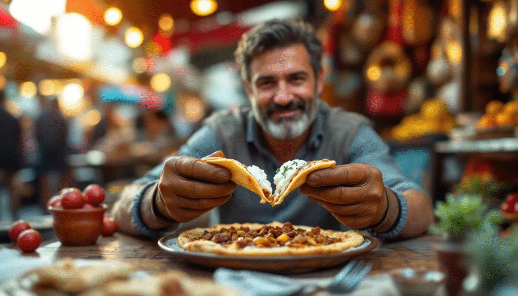 A local enjoying lahmacun, demonstrating how to eat lahmacun like a local.