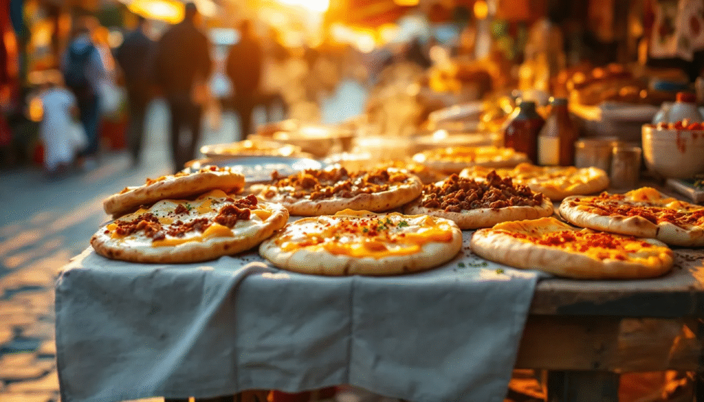 A variety of authentic pide served on a wooden table.